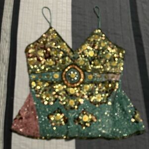 Vintage Glamorous Sequin / Beaded Camisole Top - Gold and Green